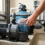 Main ajustant le couvercle d'une pompe de piscine, étape clé pour l'amorcer.
