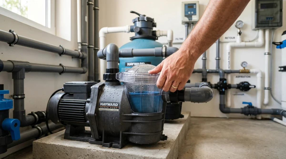 Main ajustant le couvercle d'une pompe de piscine, étape clé pour l'amorcer.