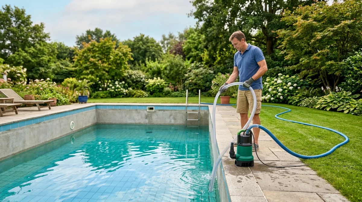 Personne vidant une piscine avec une pompe dans un jardin ensoleillé