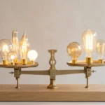 Balance stylisée comparant des ampoules de différentes tailles et luminosités, évoquant la qualité Lumique.