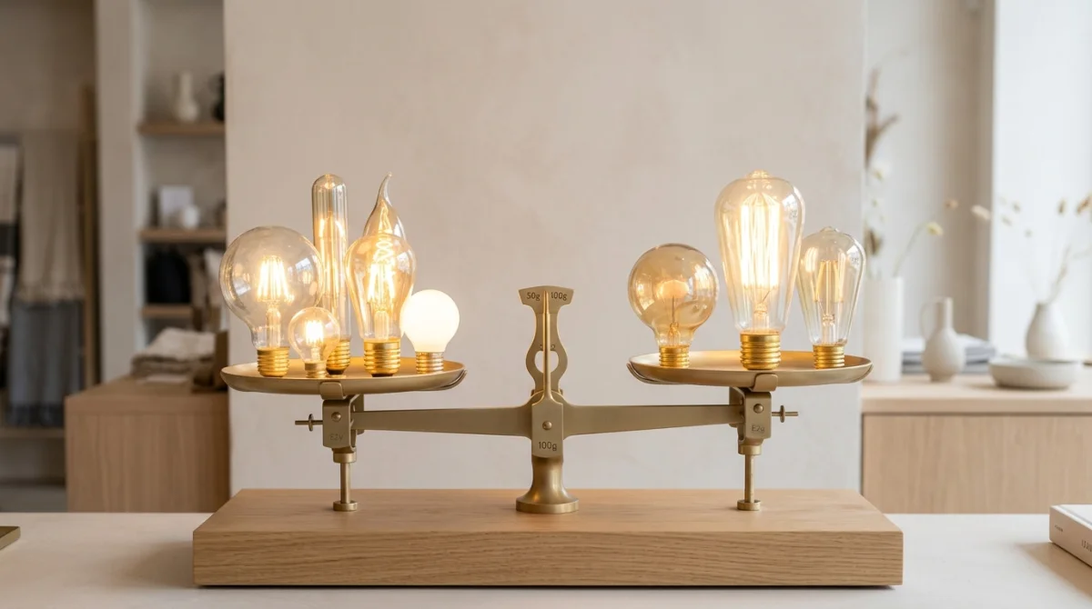 Balance stylisée comparant des ampoules de différentes tailles et luminosités, évoquant la qualité Lumique.