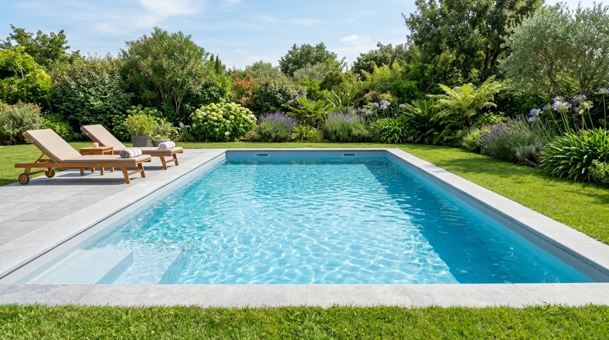 Piscine creusée neuve 8x4m dans jardin paysager, eau bleue scintillante, reflets du soleil.
