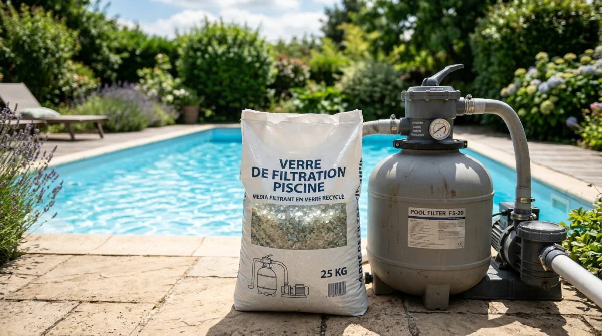 Sac de verre pour filtre de piscine dans un jardin ensoleillé à côté de l'appareil