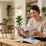 Femme souriante examinant un catalogue de luminaires Sovala dans un salon moderne.