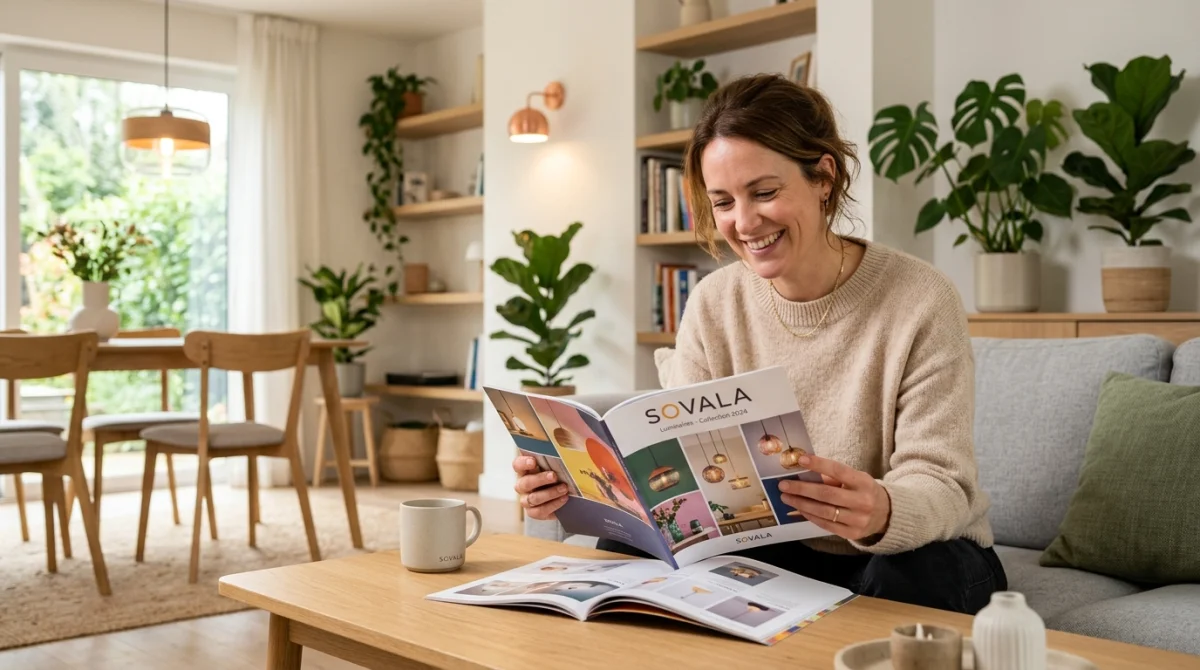 Femme souriante examinant un catalogue de luminaires Sovala dans un salon moderne.