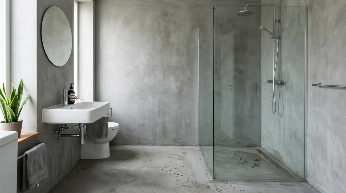 Salle de bain moderne béton ciré : signes d'humidité et d'usure près de la douche.