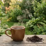 Tasse de café fumante et marc de café dans un jardin, repoussant les moustiques.