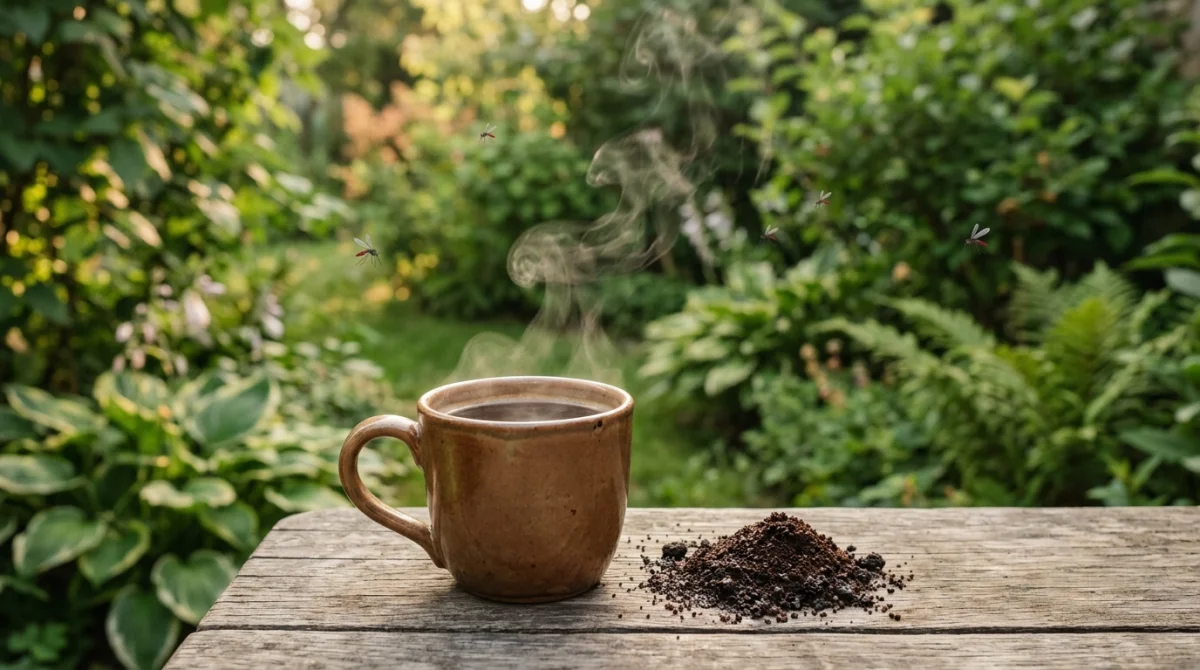 Tasse de café fumante et marc de café dans un jardin, repoussant les moustiques.