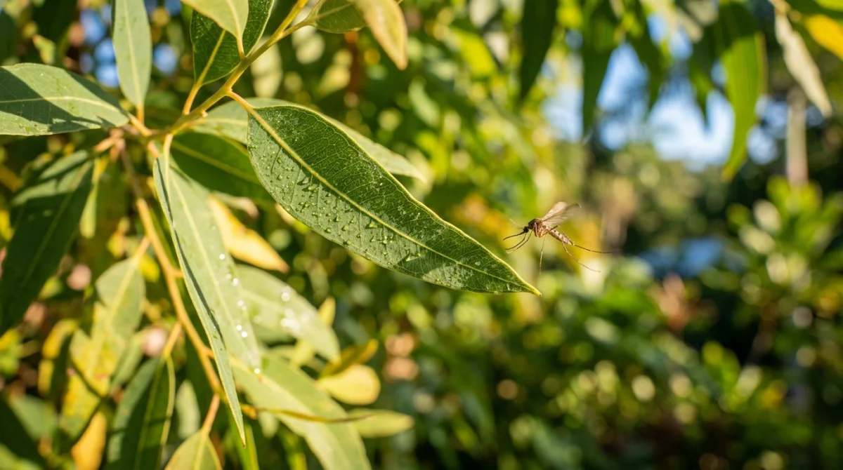 Moustique repoussé par l'odeur de l'eucalyptus citronné dans un jardin tropical.