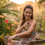 Femme appliquant un répulsif parfumé dans un jardin tropical au coucher du soleil.