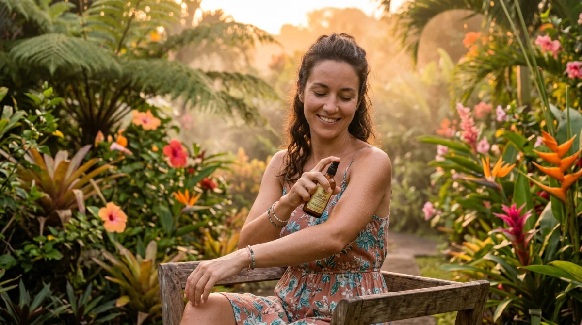 Femme appliquant un répulsif parfumé dans un jardin tropical au coucher du soleil.