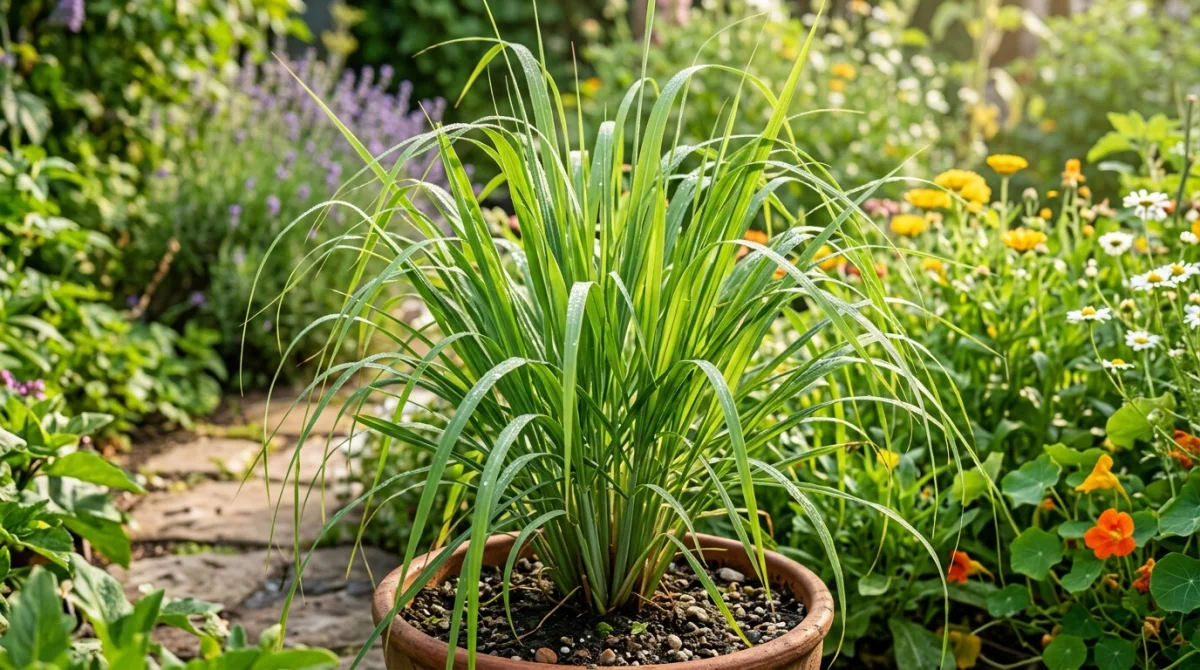 Plante de citronnelle luxuriante en jardin ensoleillé, éloignant naturellement les moustiques.