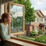 Personne curieuse observant le prix de vente potentiel de la maison voisine dans un quartier résidentiel paisible.