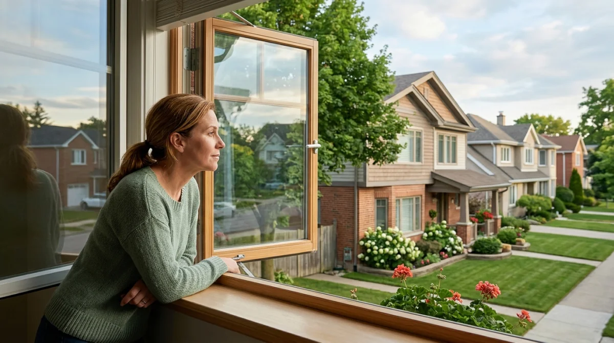 Personne curieuse observant le prix de vente potentiel de la maison voisine dans un quartier résidentiel paisible.