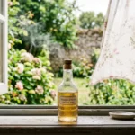 Bouteille de vinaigre sur rebord de fenêtre, brume olfactive suggérant l'éloignement des moustiques.