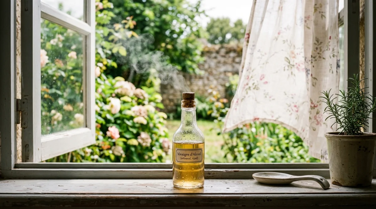 Bouteille de vinaigre sur rebord de fenêtre, brume olfactive suggérant l'éloignement des moustiques.