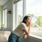 Personne regardant par la fenêtre avec espoir, quartier calme, comment faire déménager un voisin légalement.