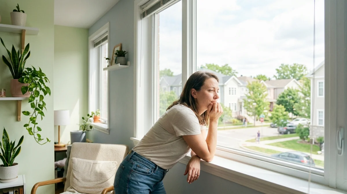 Personne regardant par la fenêtre avec espoir, quartier calme, comment faire déménager un voisin légalement.