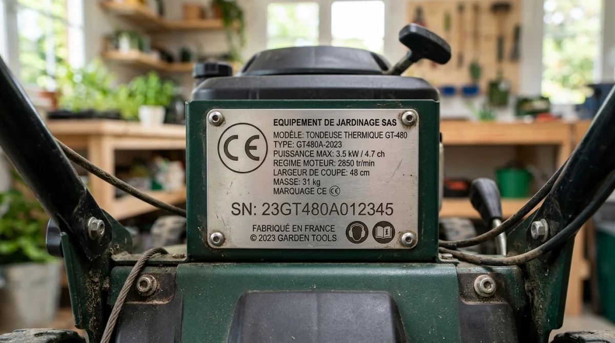 Plaque signalétique métallique avec marquage CE sur un équipement de jardinage Bestgreen pour identifier son fabricant.