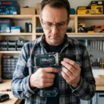 Bricoleur examinant attentivement l'étiquette signalétique d'une perceuse sans fil Erbauer dans un atelier professionnel bien rangé.
