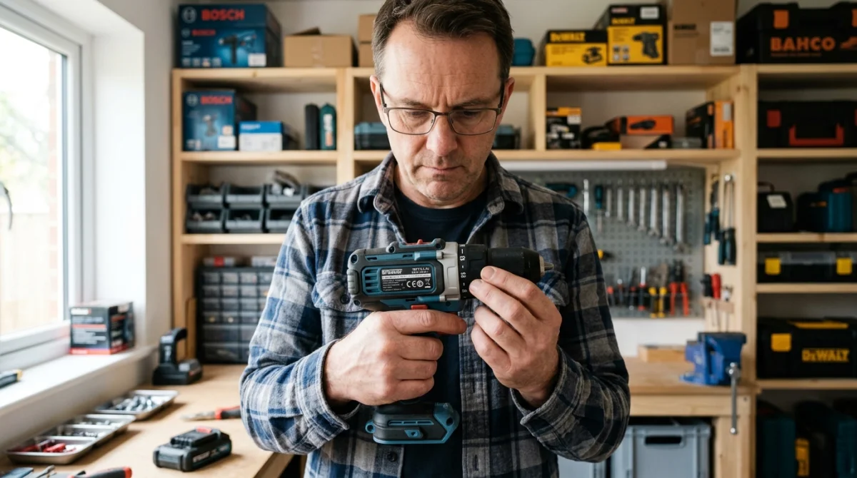 Bricoleur examinant attentivement l'étiquette signalétique d'une perceuse sans fil Erbauer dans un atelier professionnel bien rangé.