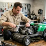Mécanicien expert utilisant une clé dynamométrique pour réparer le moteur d'une tondeuse Bestgreen dans un atelier professionnel.