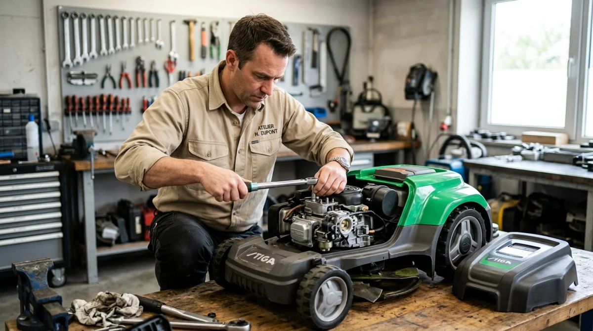 Mécanicien expert utilisant une clé dynamométrique pour réparer le moteur d'une tondeuse Bestgreen dans un atelier professionnel.