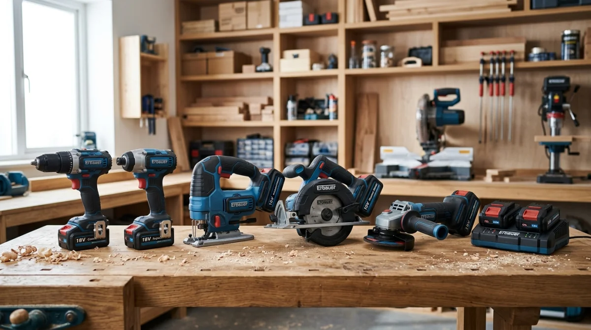 Ensemble d'outils électroportatifs professionnels Erbauer disposés sur un établi en bois dans un atelier de menuiserie moderne.