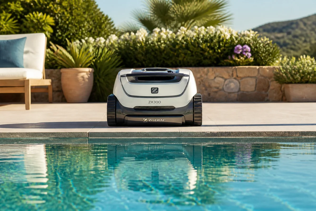 Robot nettoyeur de piscine Beatbot AquaSense 2 élégant posé au bord d'une piscine turquoise, idéal pour notre avis détaillé.