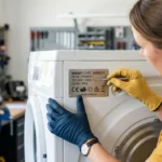 Expert technique examinant la plaque signalétique d'un appareil électroménager pour identifier qui fabrique la marque Elsay.