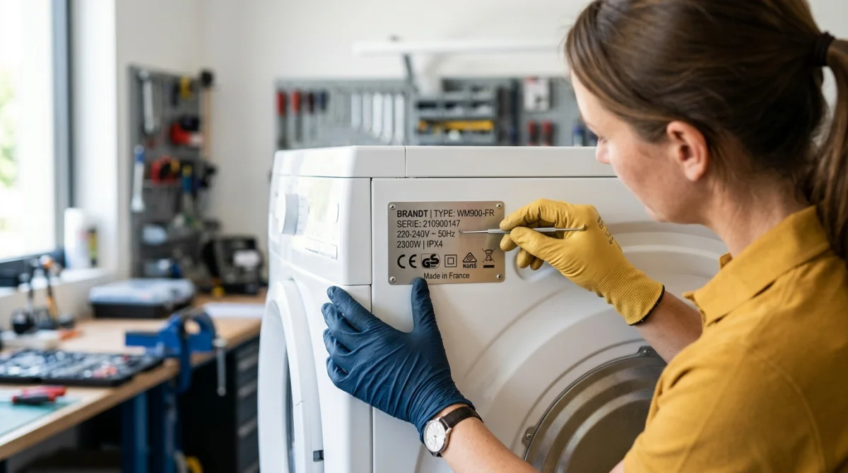 Expert technique examinant la plaque signalétique d'un appareil électroménager pour identifier qui fabrique la marque Elsay.