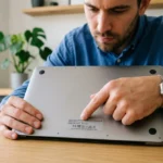 Une personne examine attentivement l'étiquette technique au dos d'un appareil pour identifier qui fabrique la marque Gedtech.