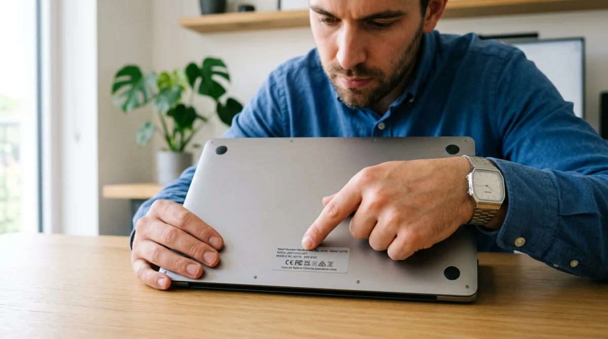 Une personne examine attentivement l'étiquette technique au dos d'un appareil pour identifier qui fabrique la marque Gedtech.
