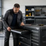 Technicien examinant une servante d'atelier Foxter robuste dans un environnement mécanique professionnel et organisé.