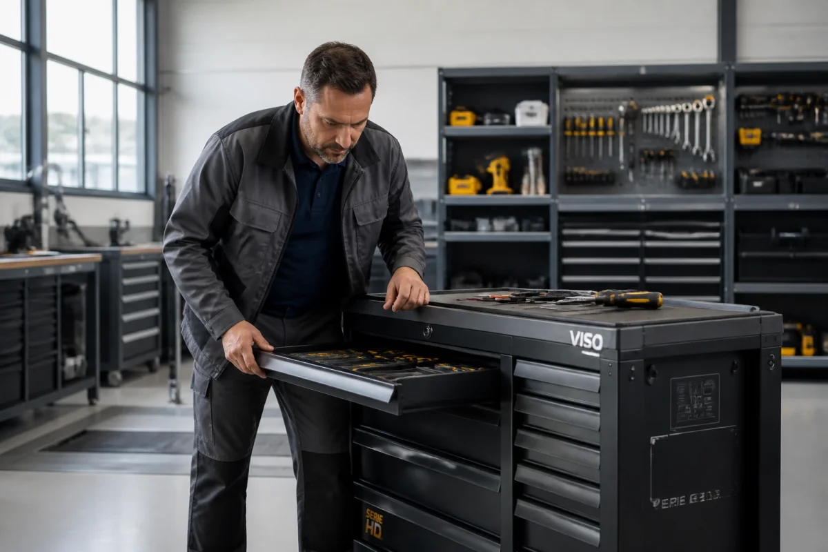 Technicien examinant une servante d'atelier Foxter robuste dans un environnement mécanique professionnel et organisé.