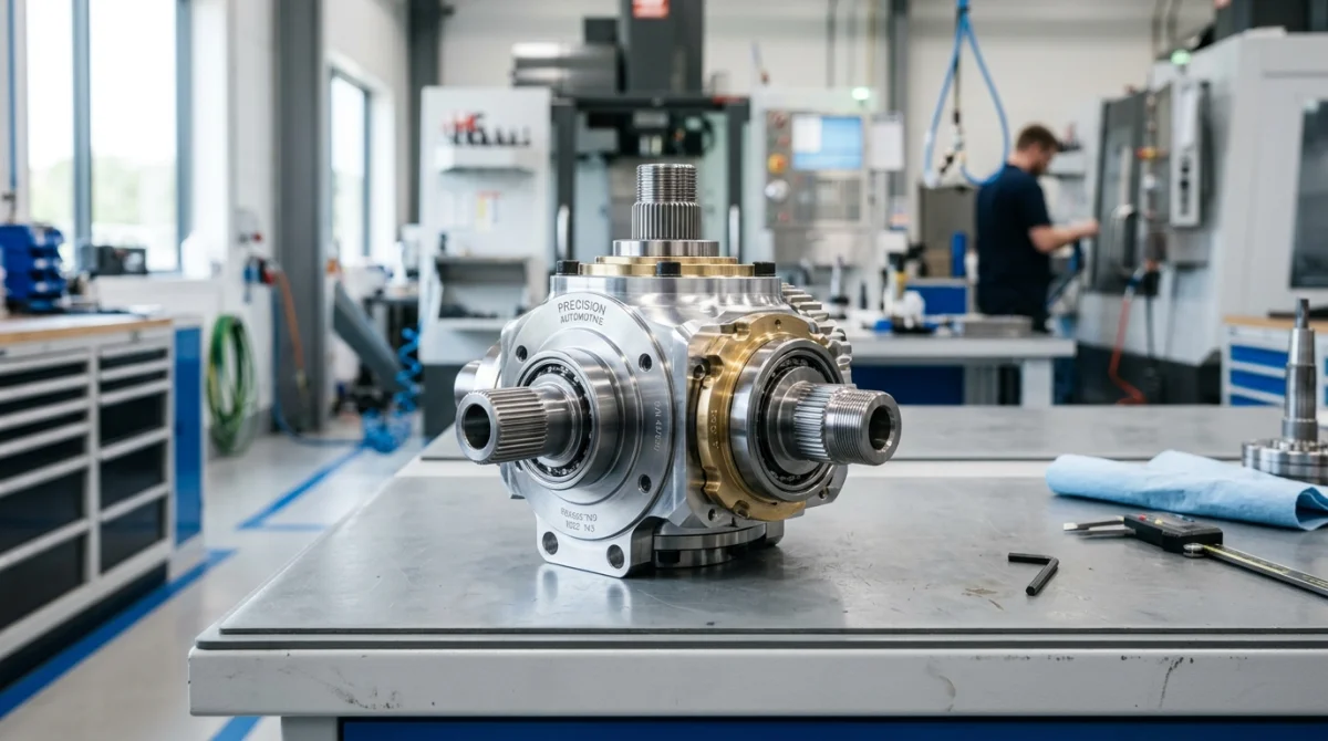 Pièce mécanique automobile de précision posée sur un établi industriel, illustrant la qualité de fabrication de la marque Ridex.