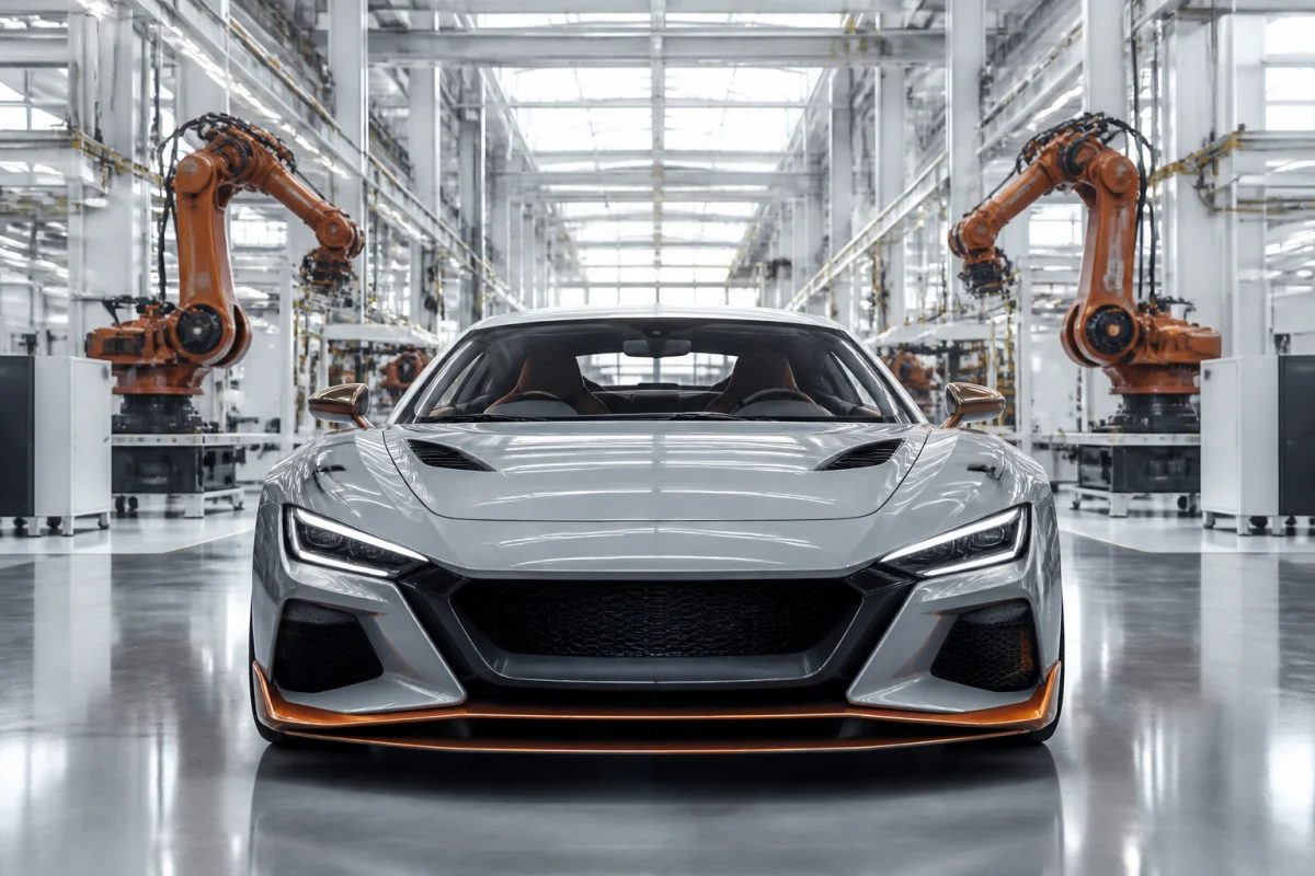 Voiture de sport moderne sur une chaîne de montage industrielle illustrant qui fabrique la marque Cupra.