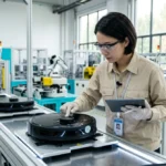 Ingénieur contrôlant la qualité d'un aspirateur robot Cecotec sur une ligne d'assemblage industrielle high-tech moderne.