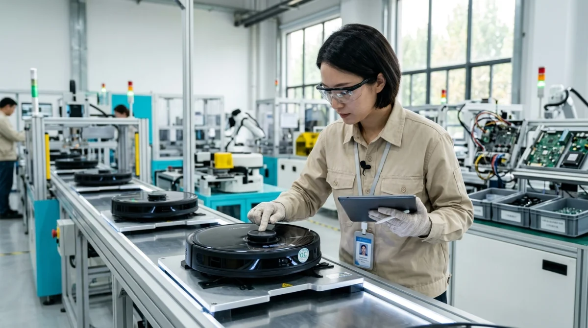 Ingénieur contrôlant la qualité d'un aspirateur robot Cecotec sur une ligne d'assemblage industrielle high-tech moderne.