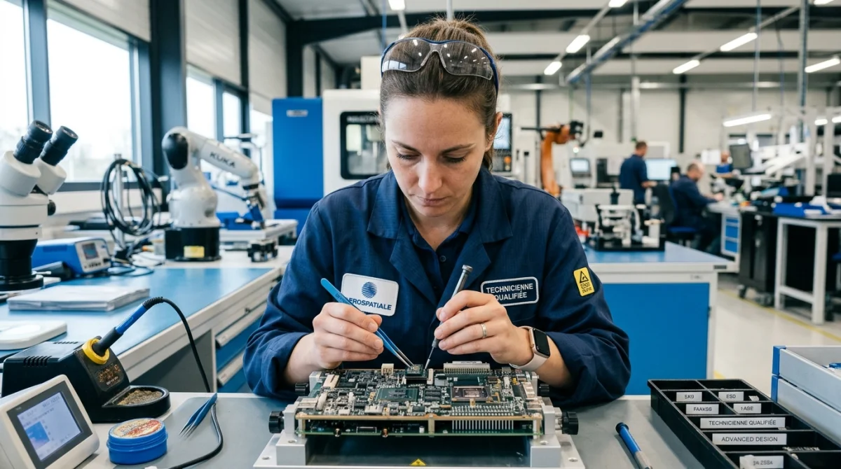 Technicien qualifié manipulant un composant électronique dans un atelier moderne pour la fabrication de la marque Gedtech.