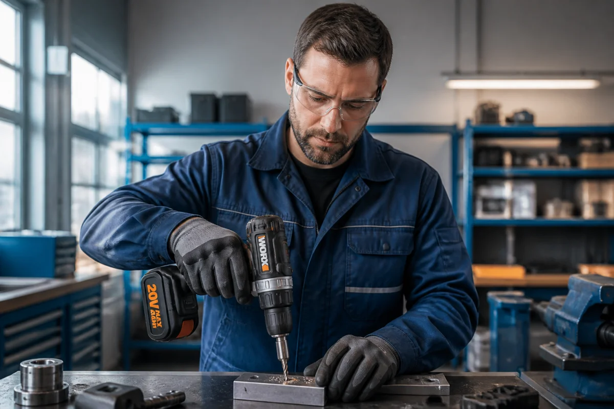 Artisan expert utilisant une perceuse ergonomique Foxter dans un atelier de fabrication moderne et lumineux.