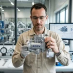 Ingénieur en contrôle qualité examinant une pièce mécanique de précision marquée du logo Ridex dans un atelier moderne.