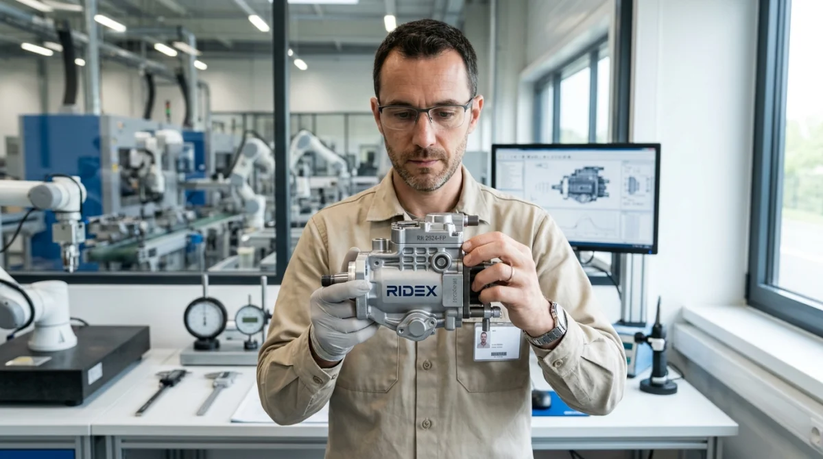 Ingénieur en contrôle qualité examinant une pièce mécanique de précision marquée du logo Ridex dans un atelier moderne.