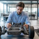 Ingénieur examinant un châssis moderne dans un atelier, illustrant la précision technique derrière qui fabrique la marque Cupra.