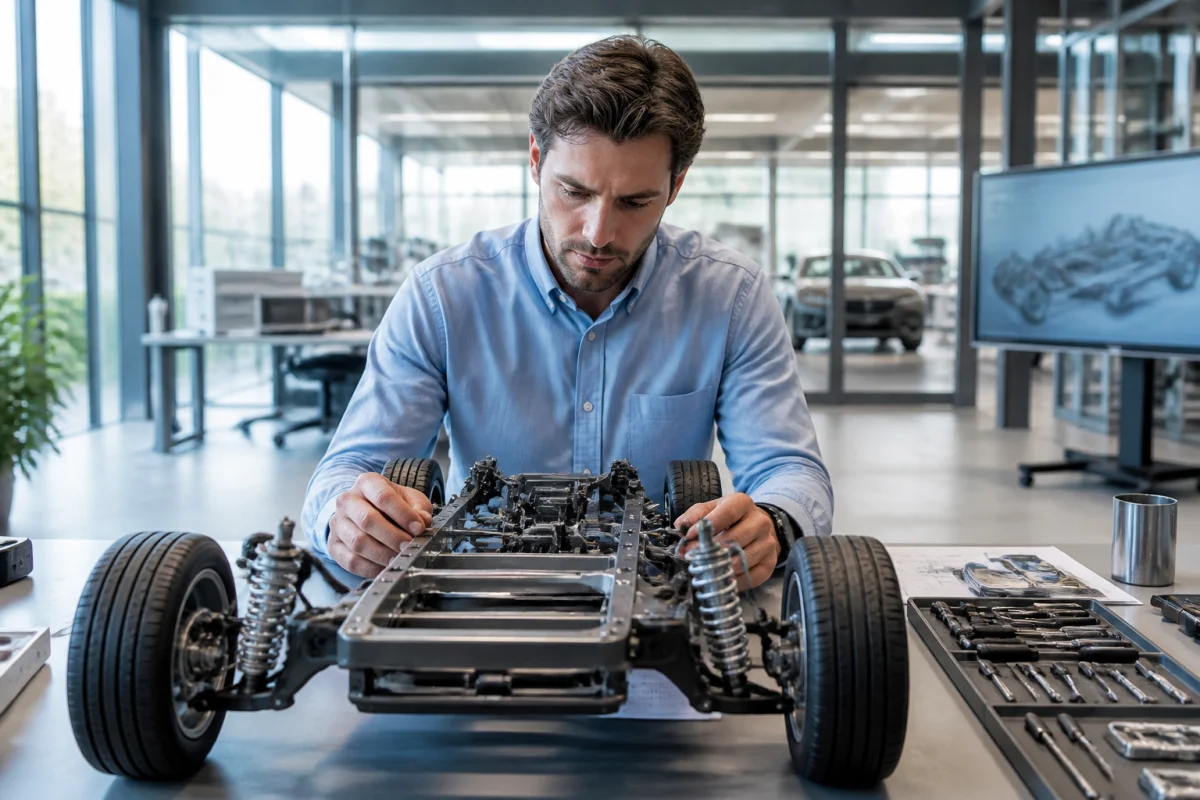 Ingénieur examinant un châssis moderne dans un atelier, illustrant la précision technique derrière qui fabrique la marque Cupra.
