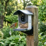 Mangeoire connectée Birdfy avec caméra intégrée fixée sur un support en bois dans un jardin verdoyant.