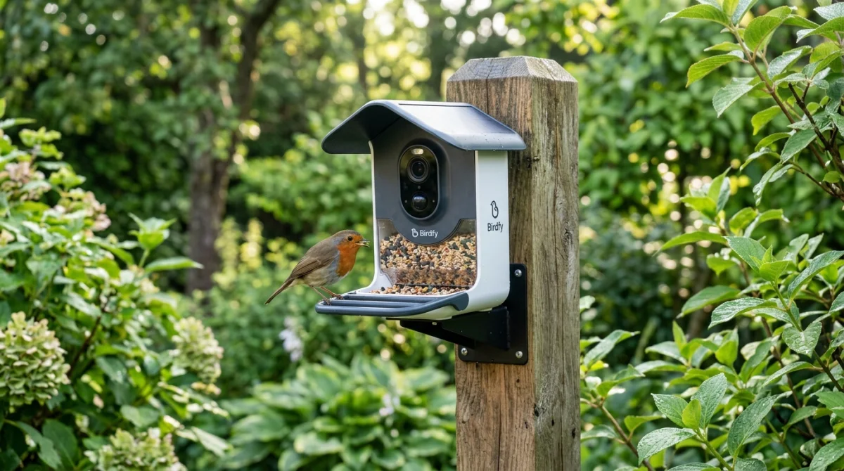 Mangeoire connectée Birdfy avec caméra intégrée fixée sur un support en bois dans un jardin verdoyant.