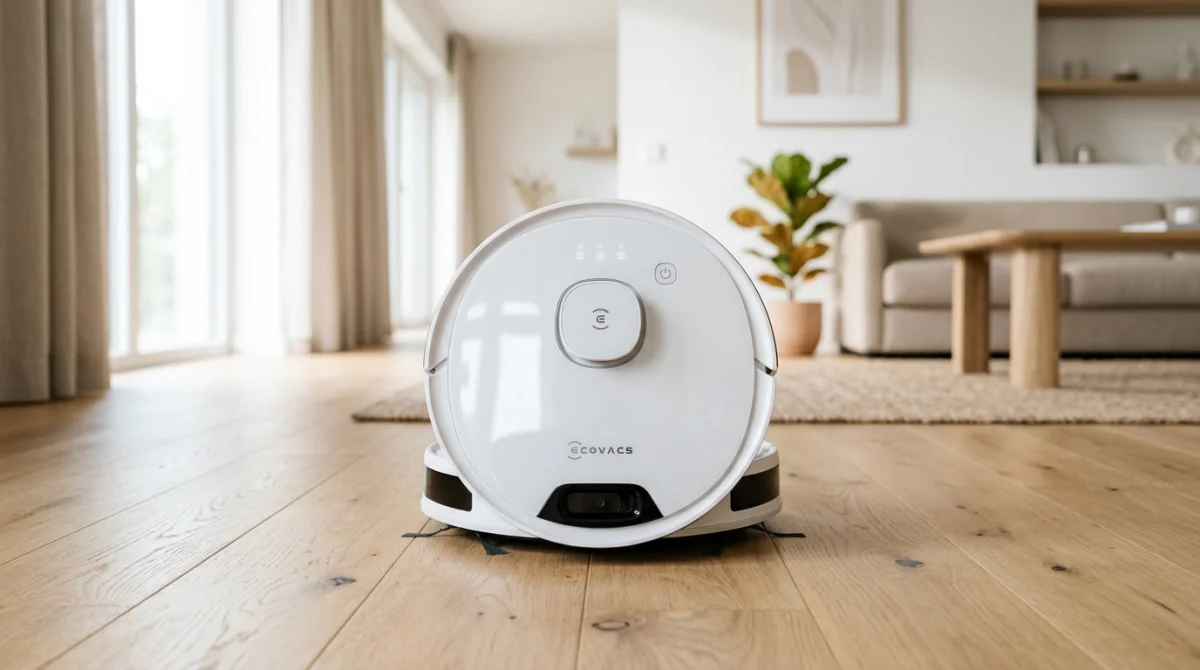 Robot aspirateur Cecotec au design moderne posé sur un sol en bois clair dans un intérieur épuré.