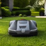 Robot tondeuse Navimow au design moderne sur une pelouse parfaitement entretenue pour notre avis complet.