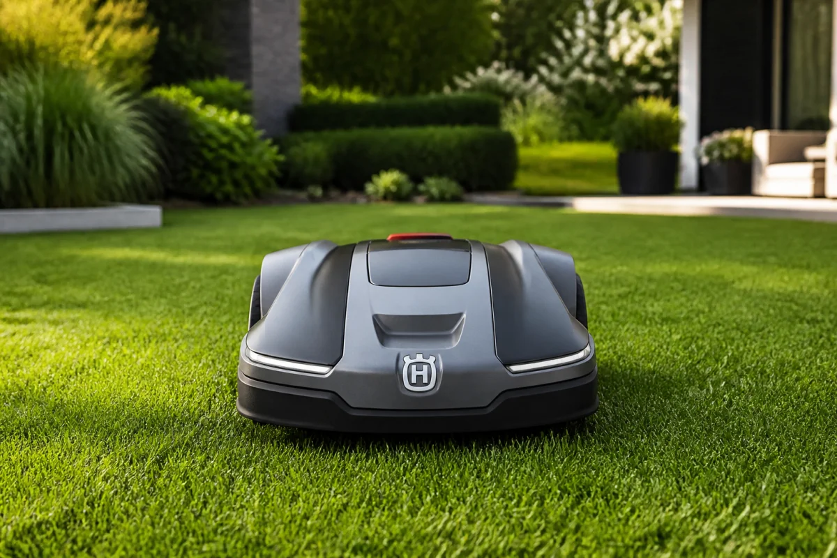 Robot tondeuse Navimow au design moderne sur une pelouse parfaitement entretenue pour notre avis complet.